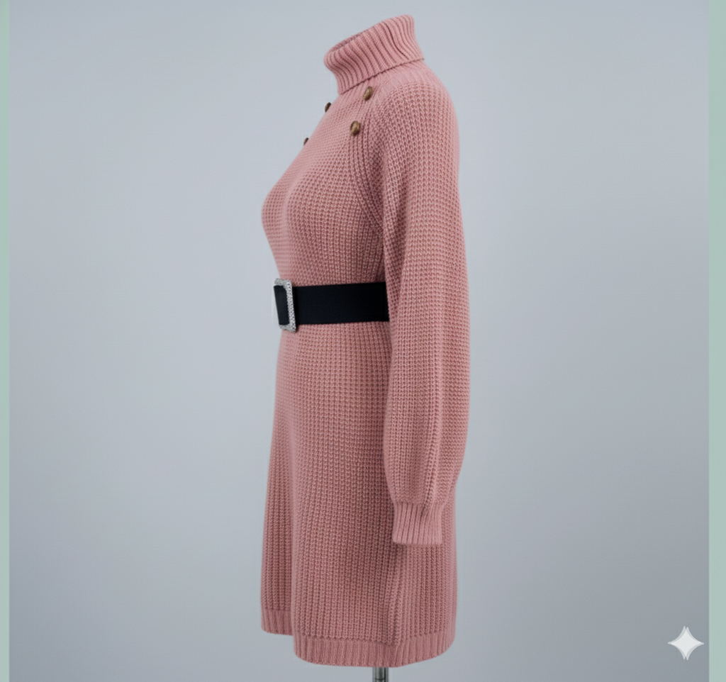 Robe pull longue d’hiver à col roulé – Boutons décoratifs & manches longues