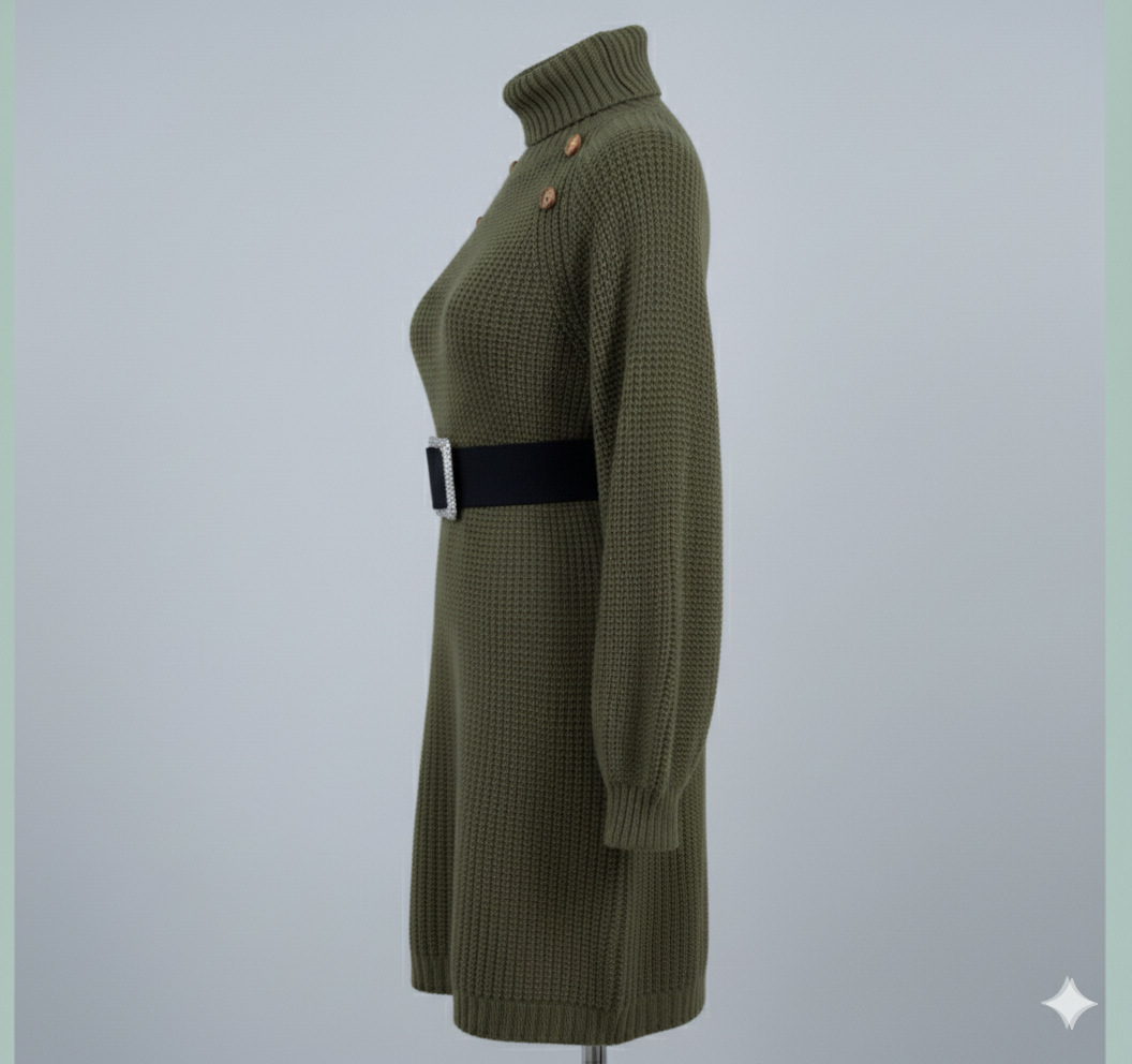 Robe pull longue d’hiver à col roulé – Boutons décoratifs & manches longues