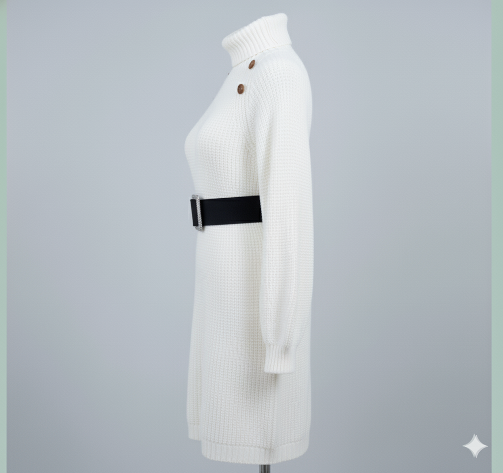 Robe pull longue d’hiver à col roulé – Boutons décoratifs & manches longues