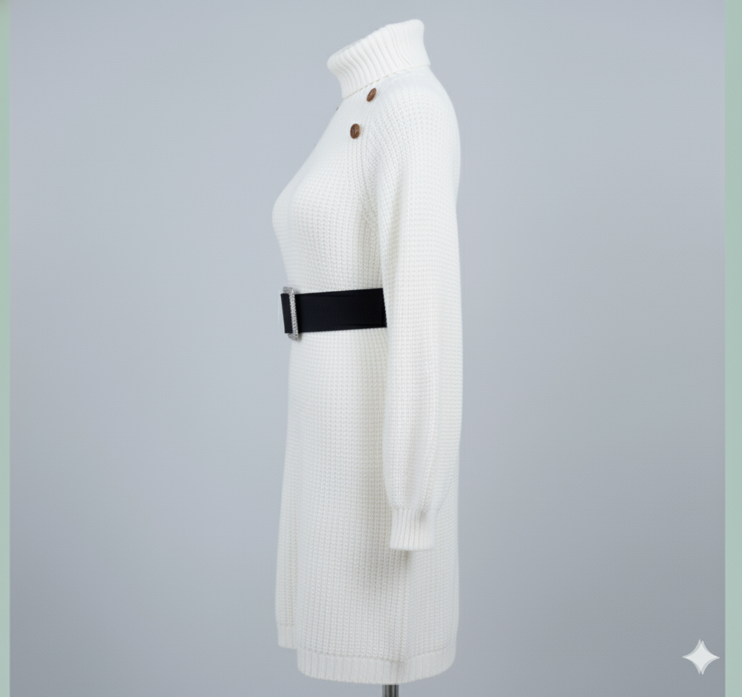 Robe pull longue d’hiver à col roulé – Boutons décoratifs & manches longues