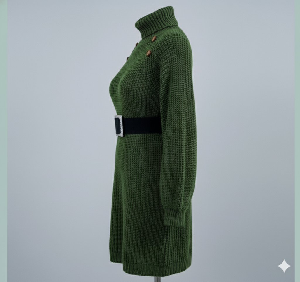 Robe pull longue d’hiver à col roulé – Boutons décoratifs & manches longues