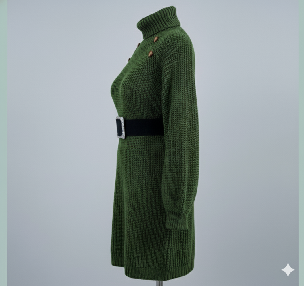 Robe pull longue d’hiver à col roulé – Boutons décoratifs & manches longues